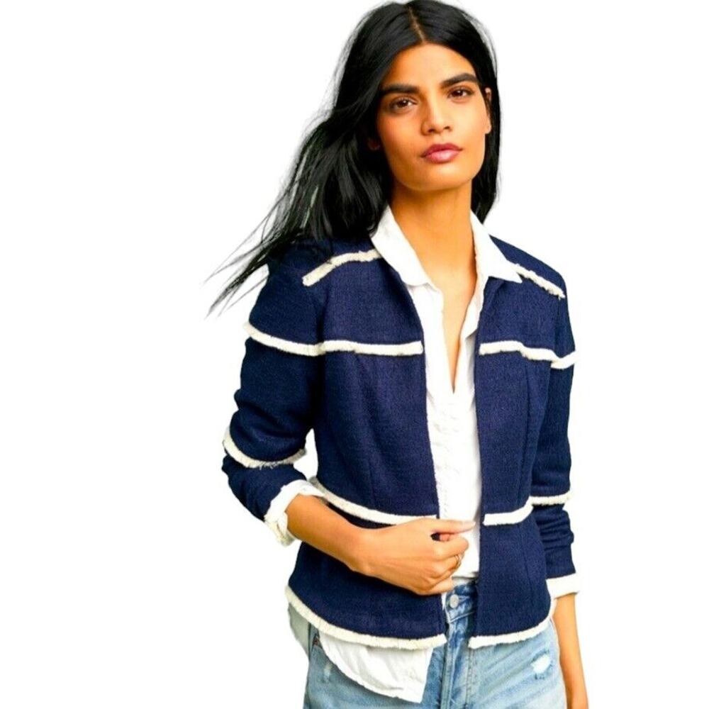 Anthropologie Dolan Julie Fringed Open Jacket‎ Size Small Navy Blue Ivory Fringe